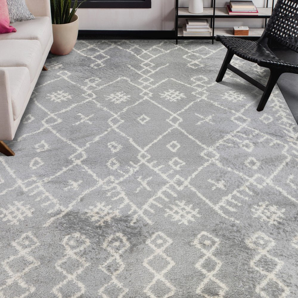 10' Gray And Ivory Geometric Shag Runner Rug