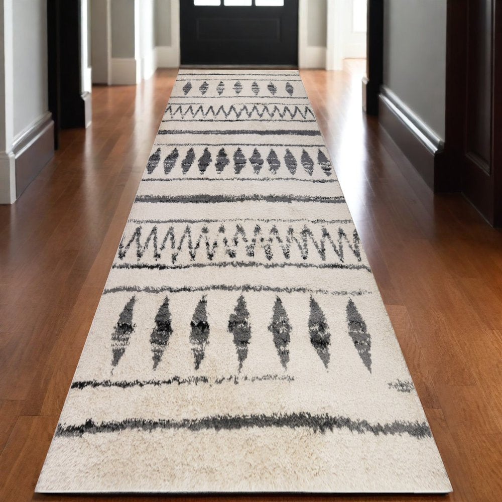 10' Cream Black And Gray Geometric Shag Runner Rug