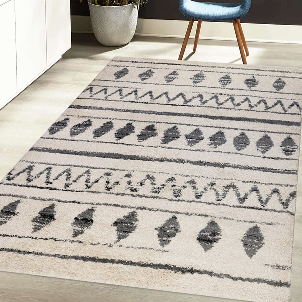 10' Cream Black And Gray Geometric Shag Runner Rug