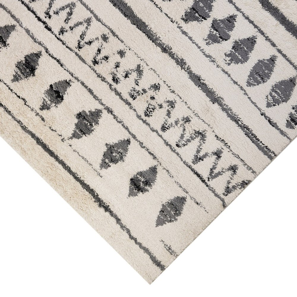 10' Cream Black And Gray Geometric Shag Runner Rug