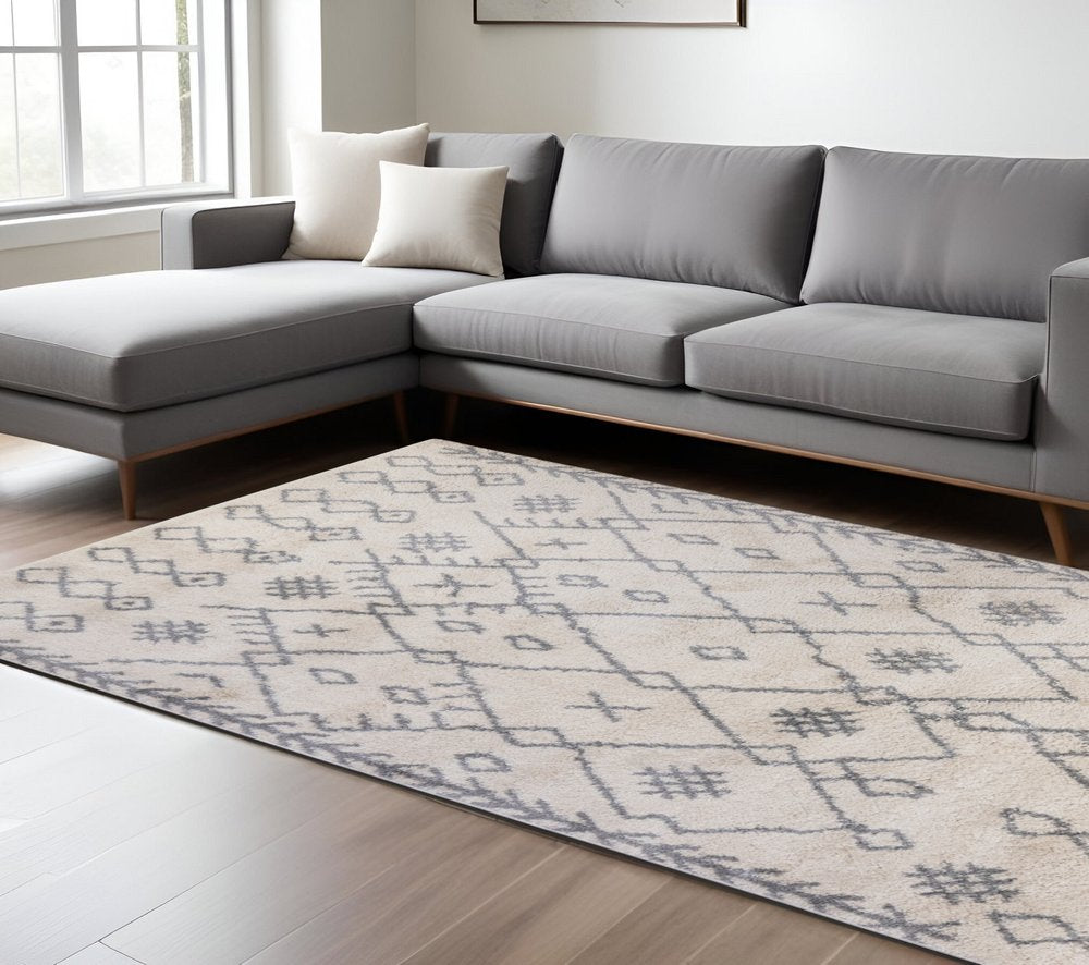 10' Gray And Ivory Geometric Shag Runner Rug
