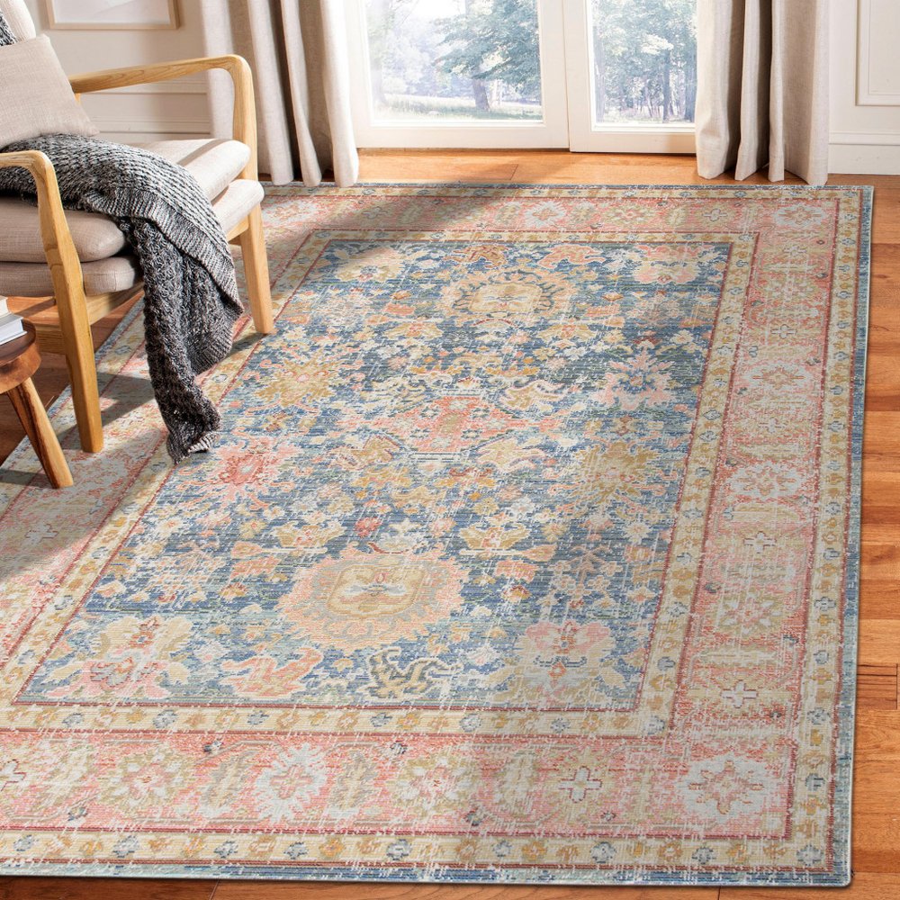 9' X 13' Coral And Blue Oriental Area Rug