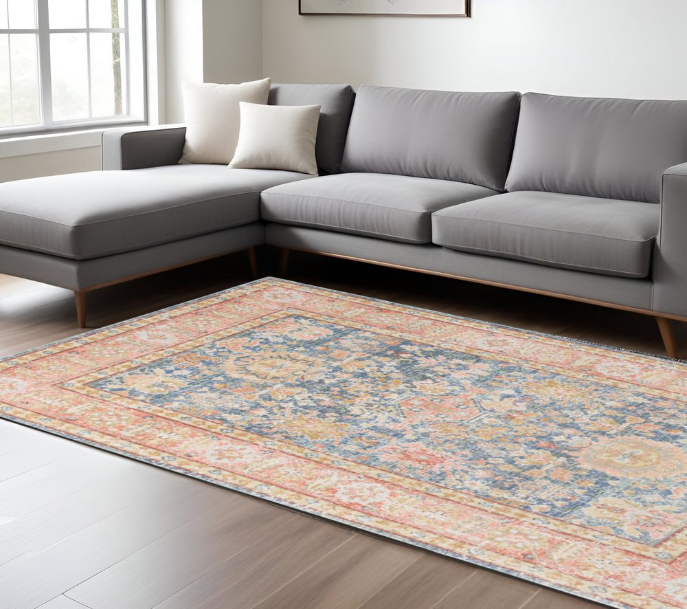 9' X 13' Coral And Blue Oriental Area Rug
