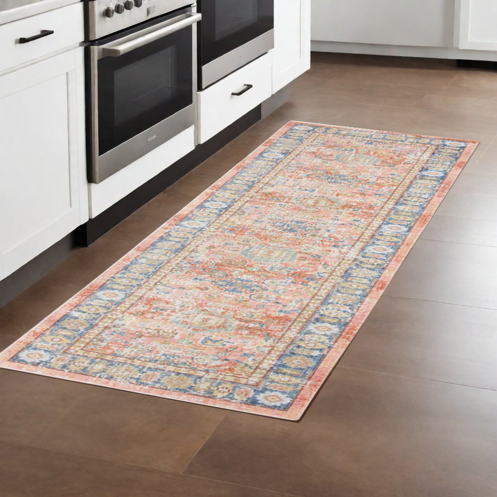 9' X 13' Coral And Blue Oriental Area Rug