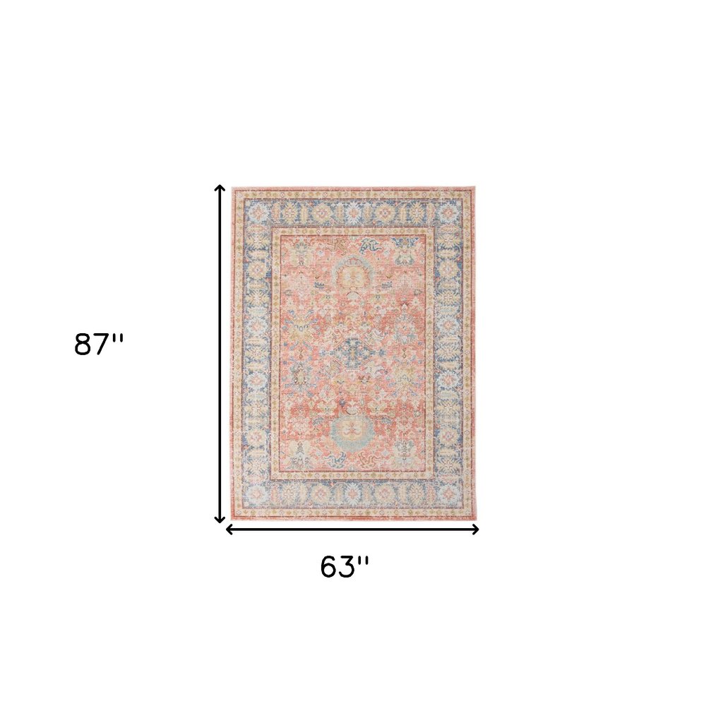 9' X 13' Coral And Blue Oriental Area Rug