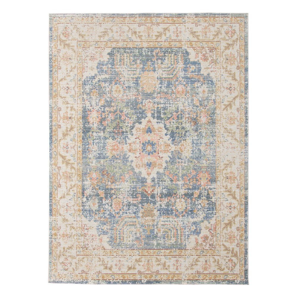 5' X 8' Coral And Blue Floral Area Rug
