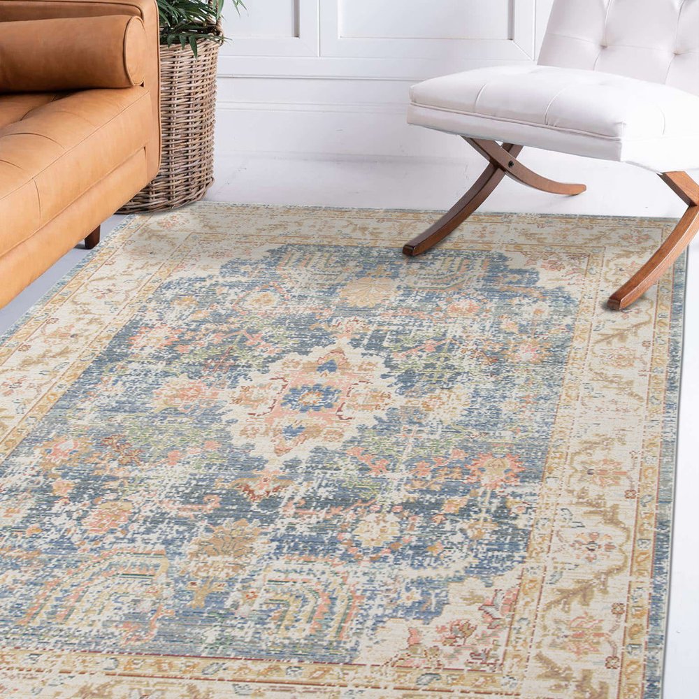 5' X 8' Coral And Blue Floral Area Rug