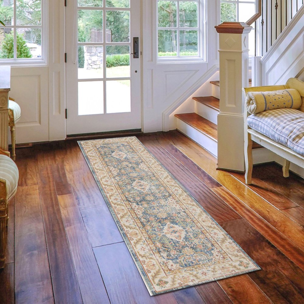 5' X 8' Coral And Blue Floral Area Rug