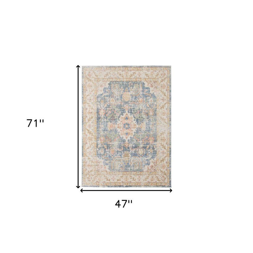 5' X 8' Coral And Blue Floral Area Rug