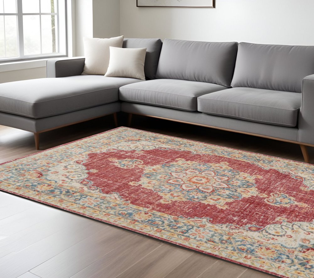 5' X 8' Ivory Red And Blue Medallion Area Rug