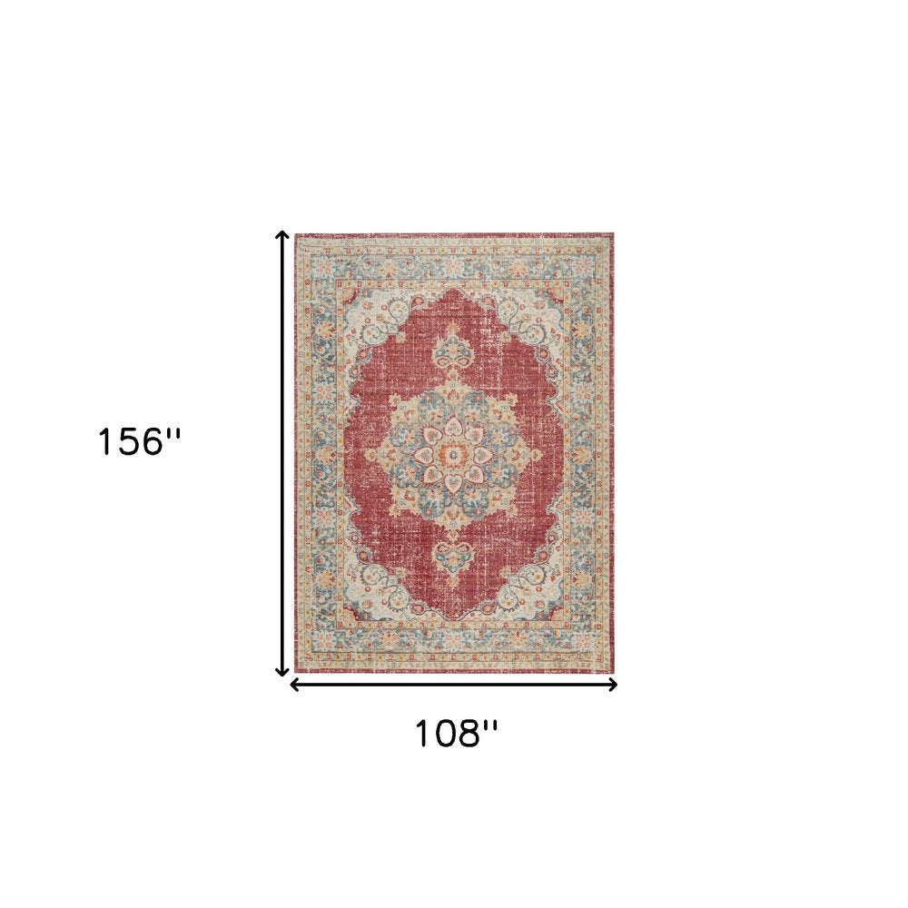 5' X 8' Ivory Red And Blue Medallion Area Rug