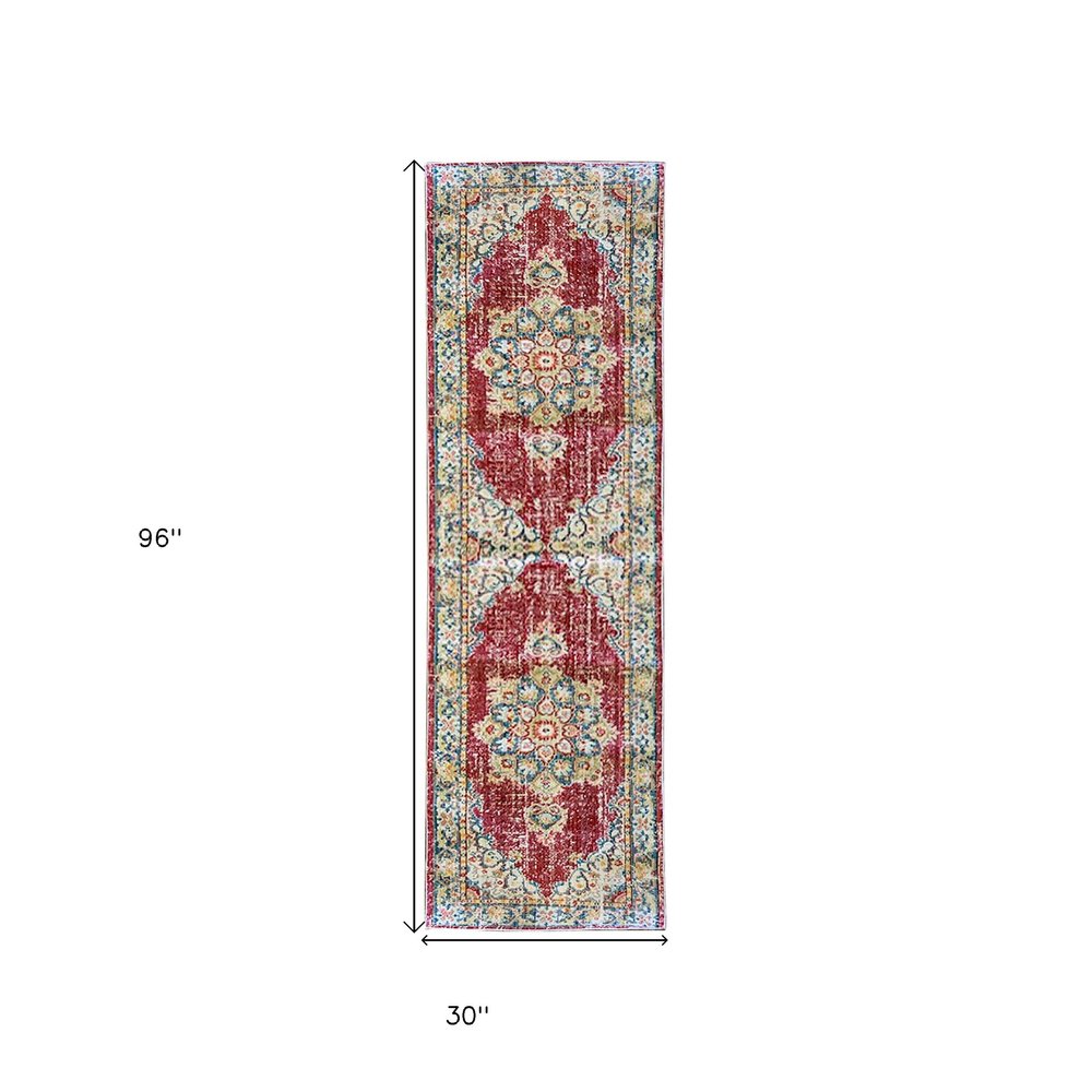 5' X 8' Ivory Red And Blue Medallion Area Rug