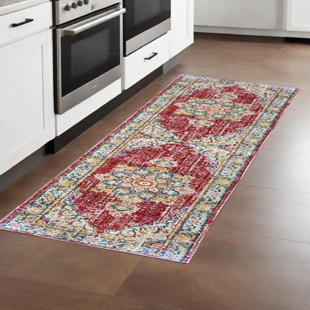 5' X 8' Ivory Red And Blue Medallion Area Rug