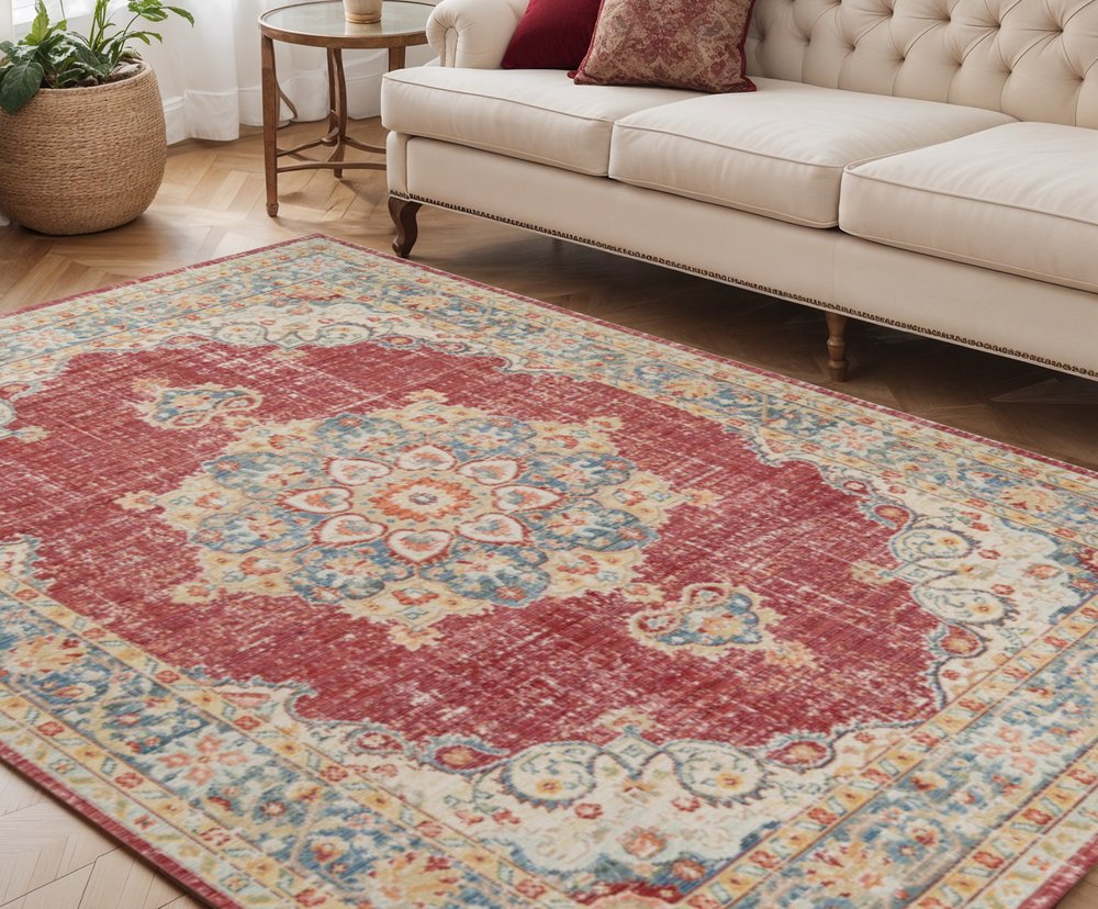 5' X 8' Ivory Red And Blue Medallion Area Rug