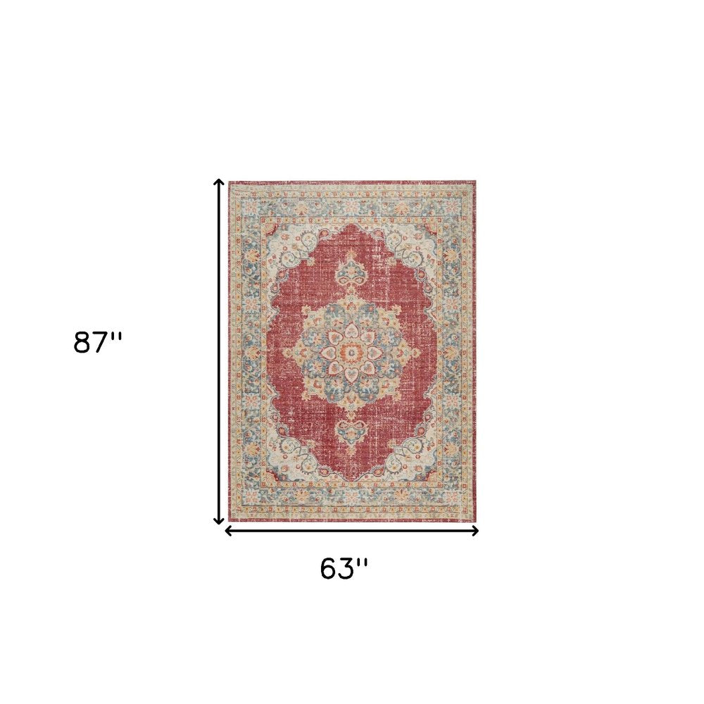 5' X 8' Ivory Red And Blue Medallion Area Rug