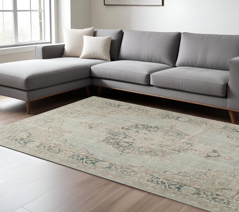 8' X 10' Tan And Light Green Medallion Area Rug