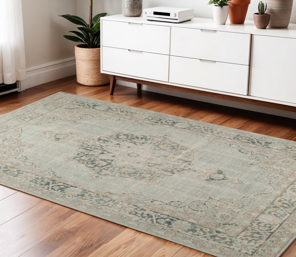 8' X 10' Tan And Light Green Medallion Area Rug