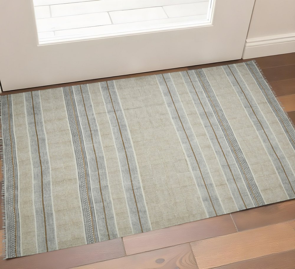 3' X 5' Gray And Brown Striped Flatweave Handmade Distressed Area Rug With Fringe