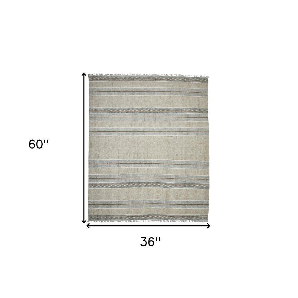 3' X 5' Gray And Brown Striped Flatweave Handmade Distressed Area Rug With Fringe