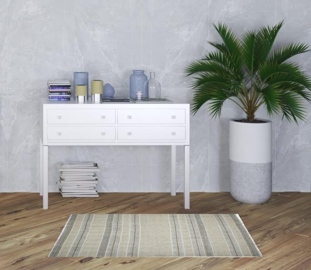 3' X 5' Gray And Brown Striped Flatweave Handmade Distressed Area Rug With Fringe