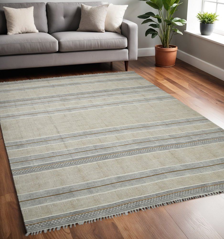 3' X 5' Gray And Brown Striped Flatweave Handmade Distressed Area Rug With Fringe