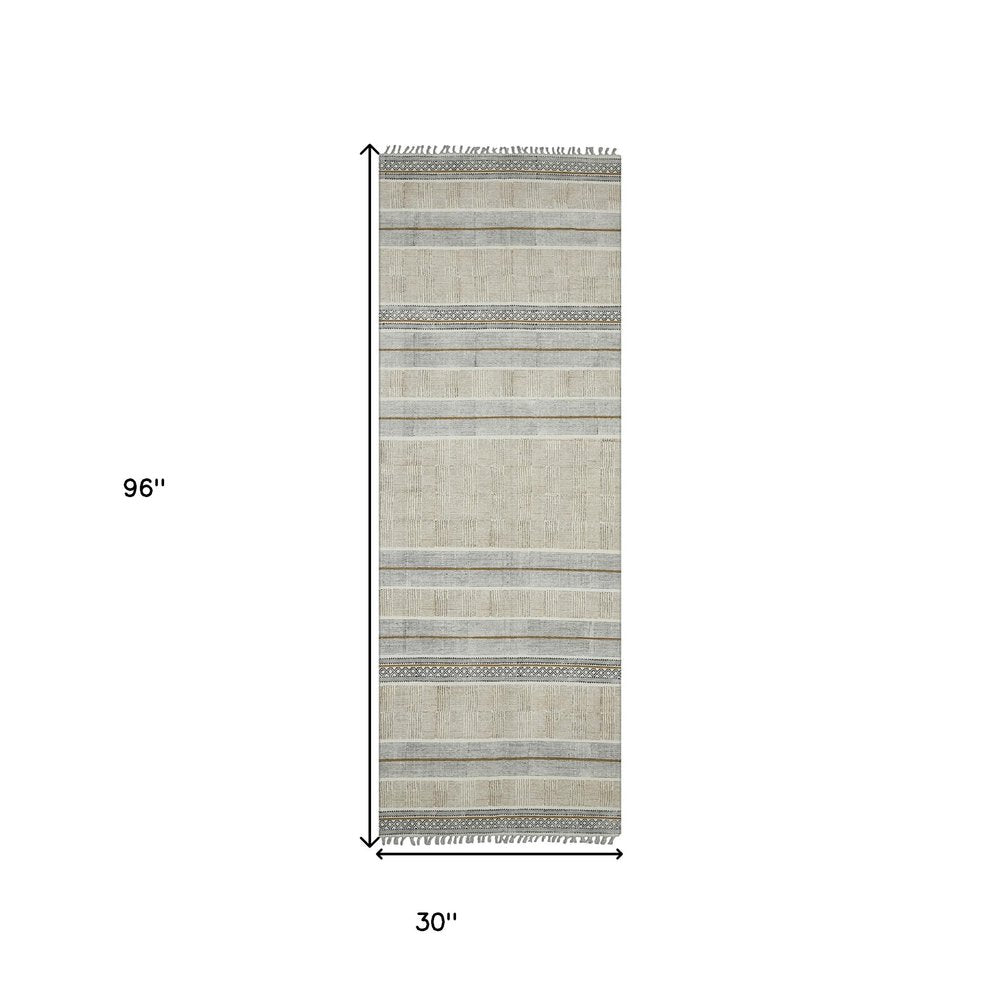 3' X 5' Gray And Brown Striped Flatweave Handmade Distressed Area Rug With Fringe