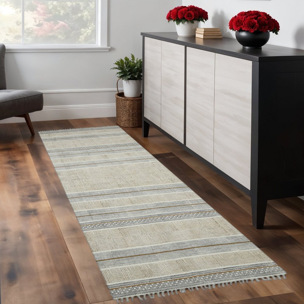 3' X 5' Gray And Brown Striped Flatweave Handmade Distressed Area Rug With Fringe