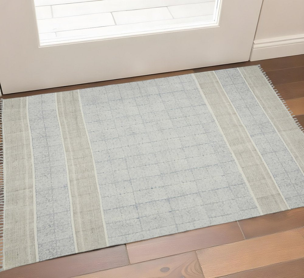8' Blue And Gray Striped Flatweave Handmade Distressed Runner Rug With Fringe