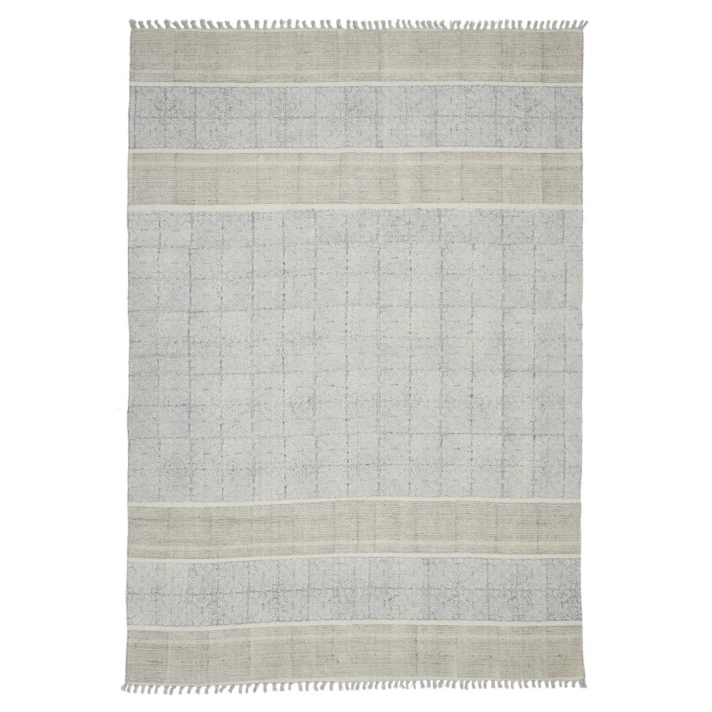 8' Blue And Gray Striped Flatweave Handmade Distressed Runner Rug With Fringe