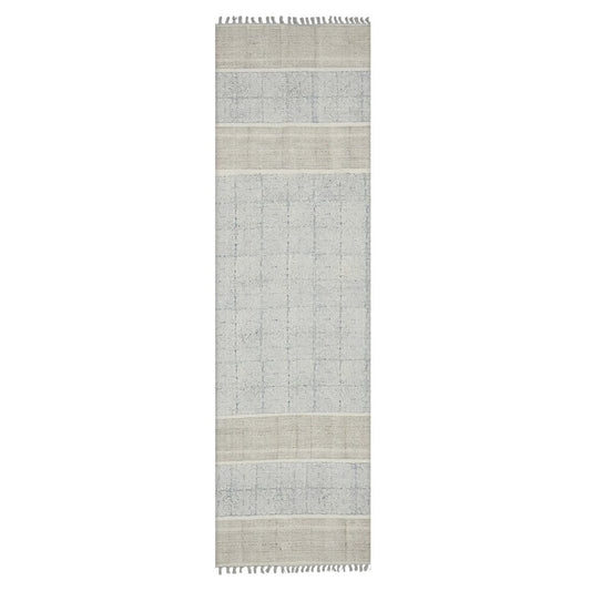 8' Blue And Gray Striped Flatweave Handmade Distressed Runner Rug With Fringe