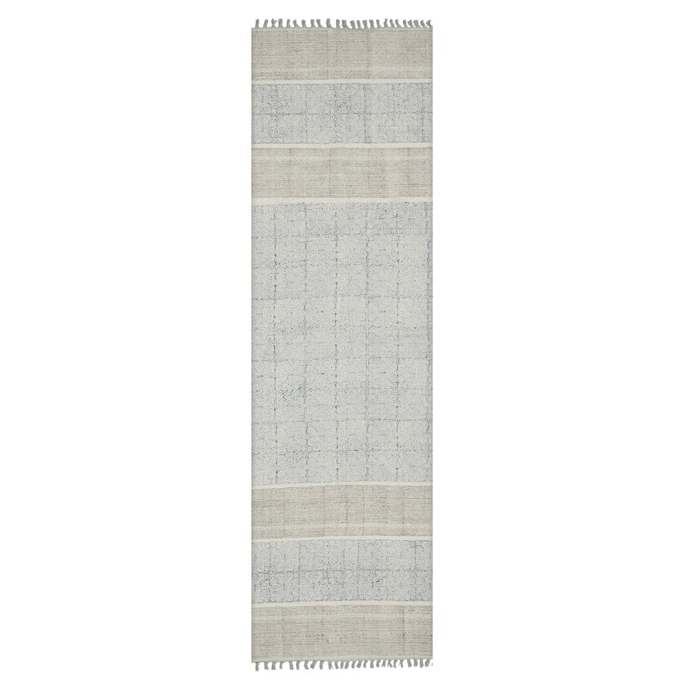 8' Blue And Gray Striped Flatweave Handmade Distressed Runner Rug With Fringe