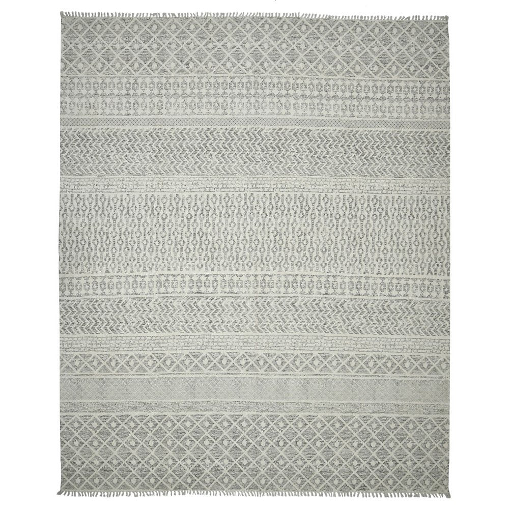 8' X 10' Gray And Ivory Geometric Flatweave Handmade Distressed Area Rug With Fringe