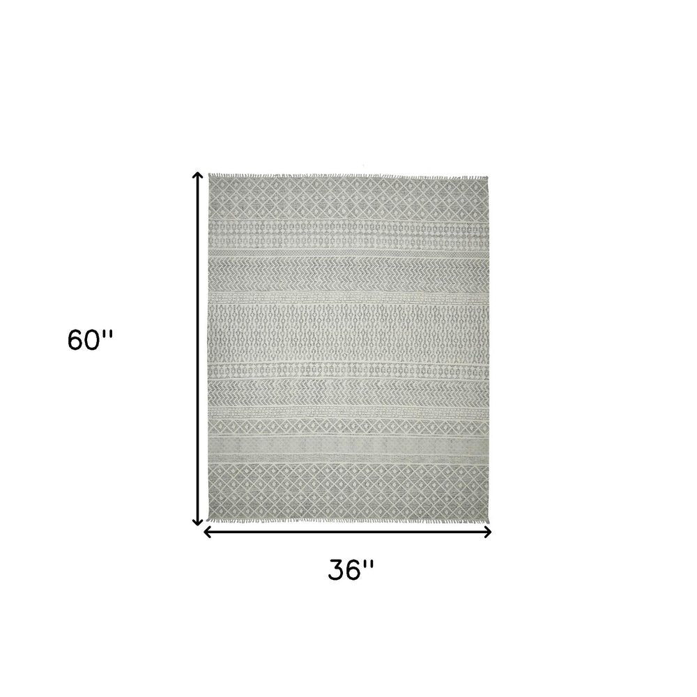 8' X 10' Gray And Ivory Geometric Flatweave Handmade Distressed Area Rug With Fringe