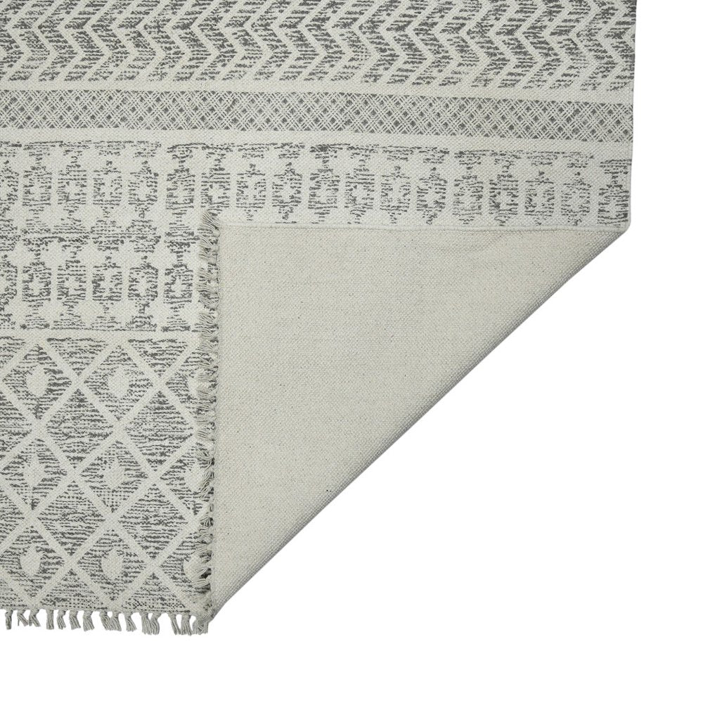 8' X 10' Gray And Ivory Geometric Flatweave Handmade Distressed Area Rug With Fringe