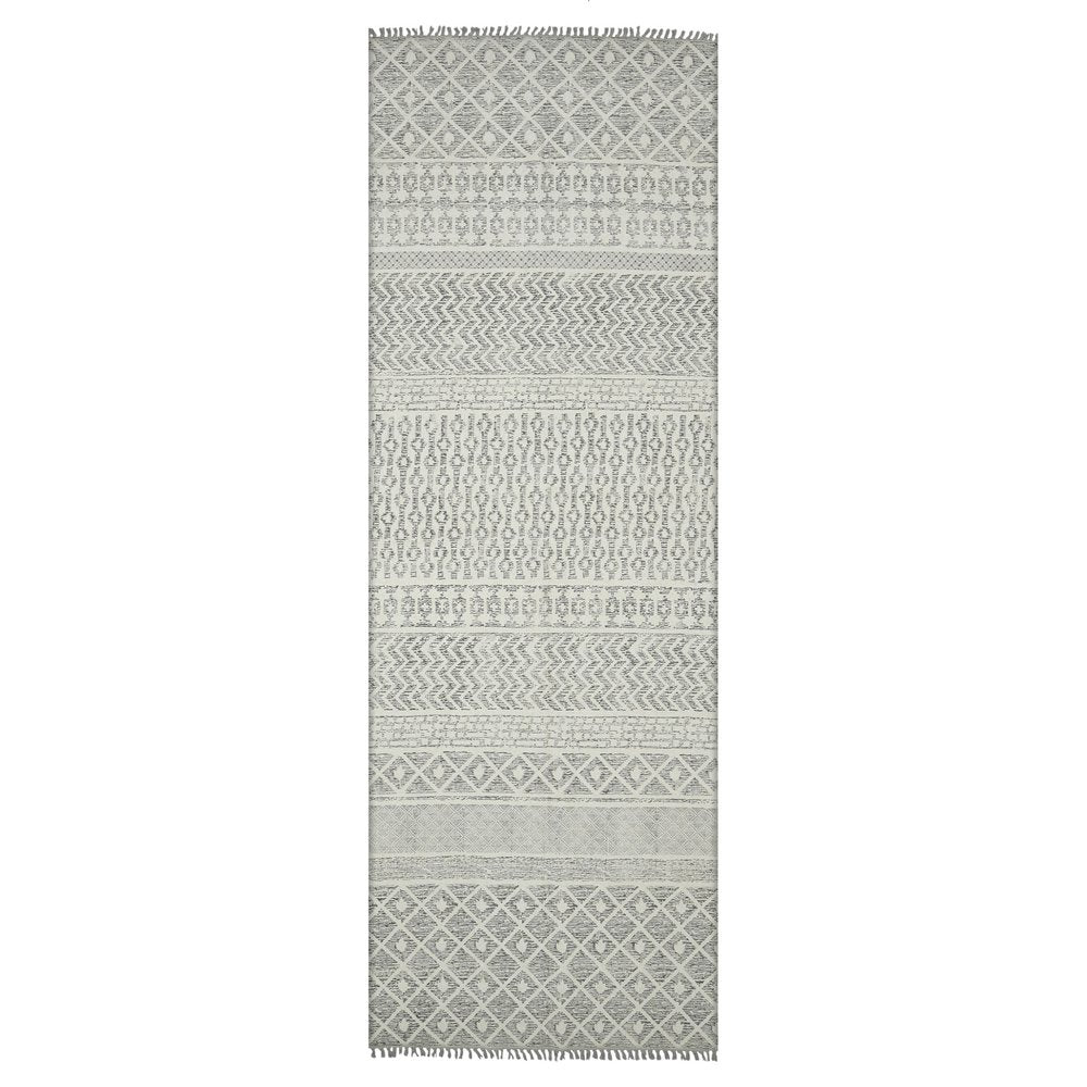 8' X 10' Gray And Ivory Geometric Flatweave Handmade Distressed Area Rug With Fringe