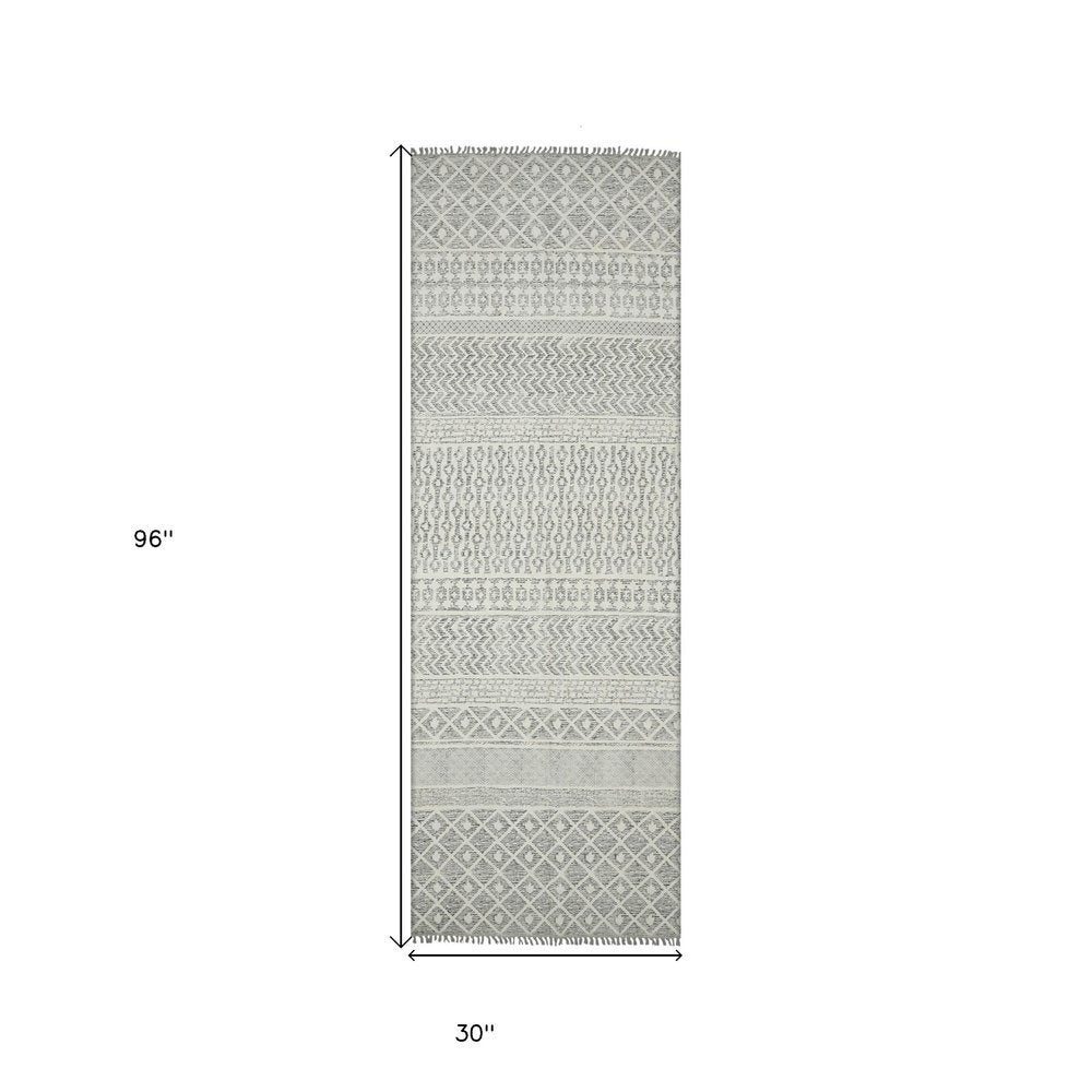 8' X 10' Gray And Ivory Geometric Flatweave Handmade Distressed Area Rug With Fringe