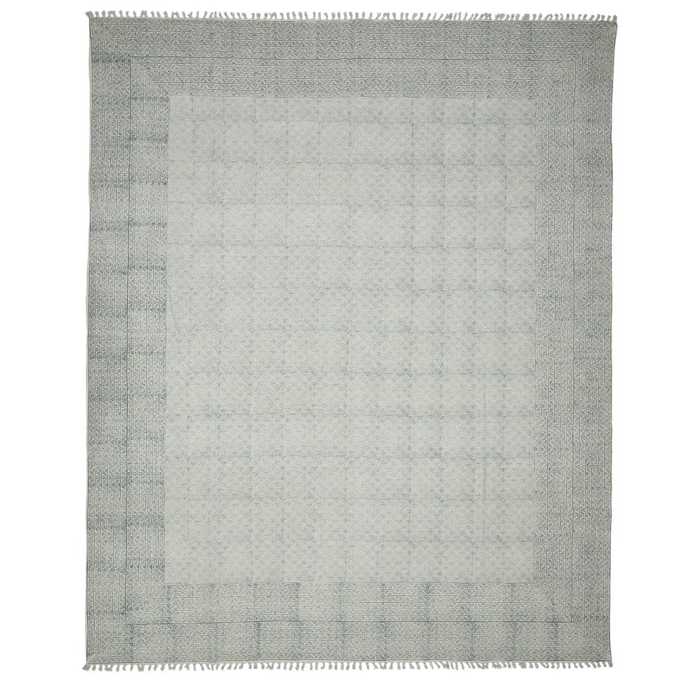 9' X 12' Gray And Blue Geometric Flatweave Handmade Distressed Area Rug With Fringe