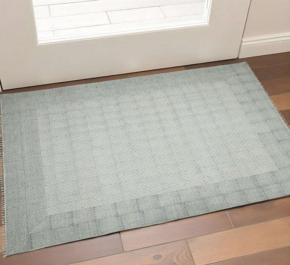 9' X 12' Gray And Blue Geometric Flatweave Handmade Distressed Area Rug With Fringe