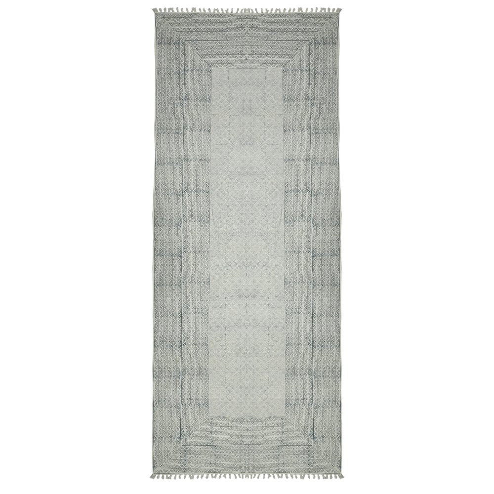 9' X 12' Gray And Blue Geometric Flatweave Handmade Distressed Area Rug With Fringe