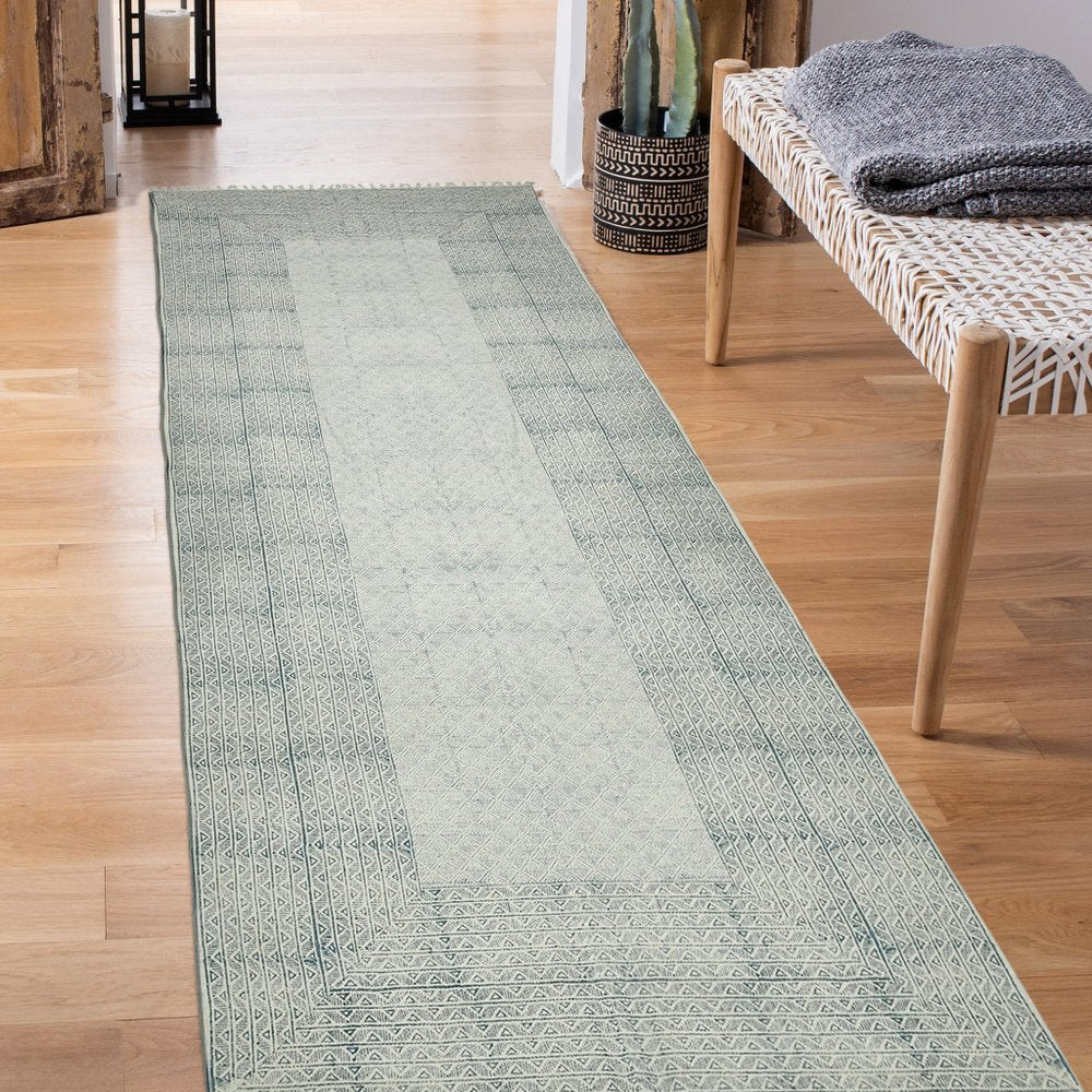 9' X 12' Gray And Blue Geometric Flatweave Handmade Distressed Area Rug With Fringe
