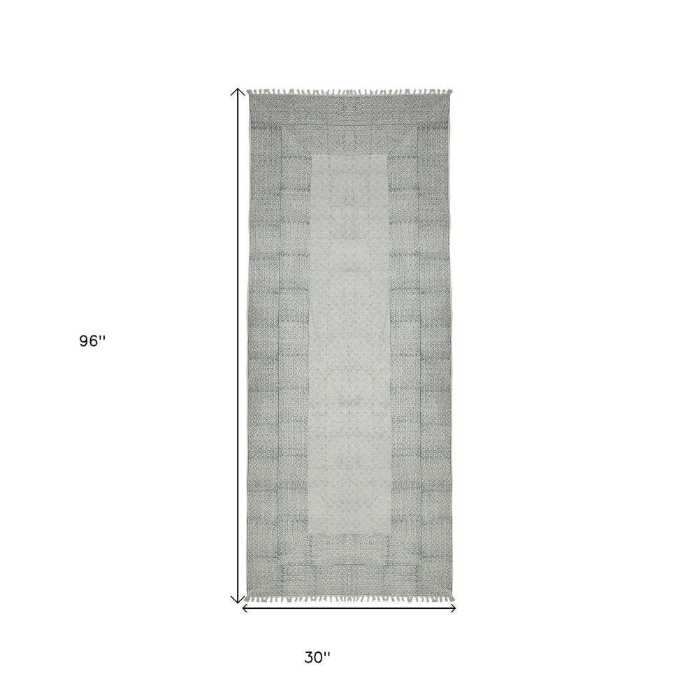 9' X 12' Gray And Blue Geometric Flatweave Handmade Distressed Area Rug With Fringe