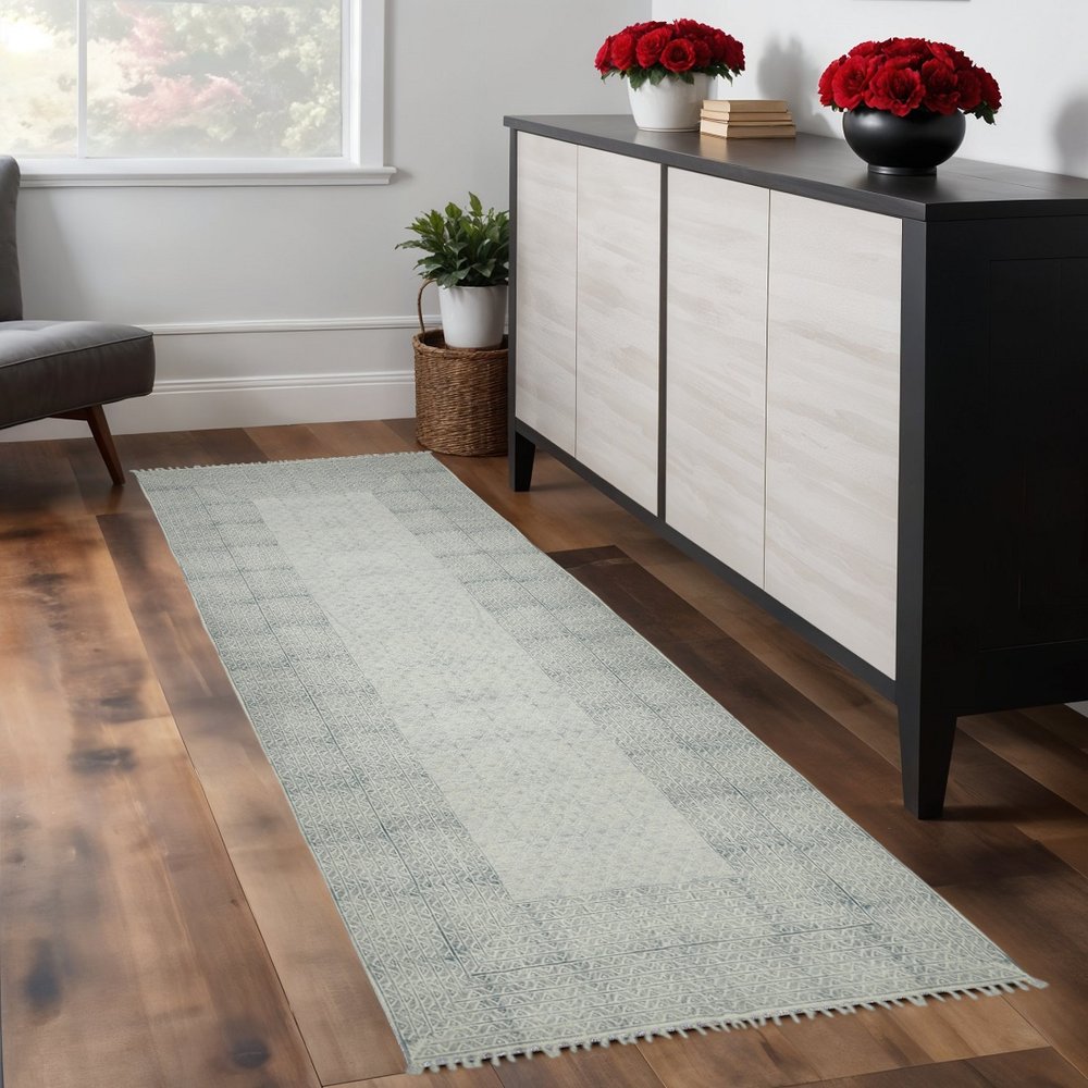 9' X 12' Gray And Blue Geometric Flatweave Handmade Distressed Area Rug With Fringe