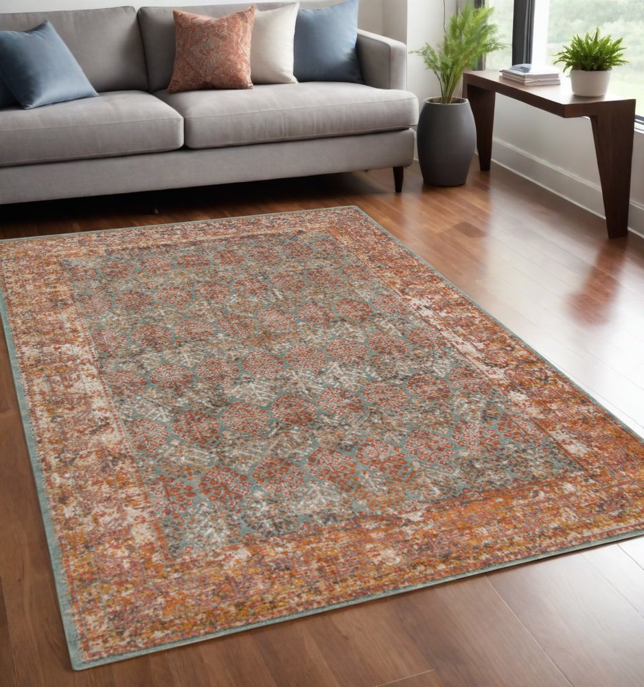 6' X 8' Teal And Orange Medallion Area Rug