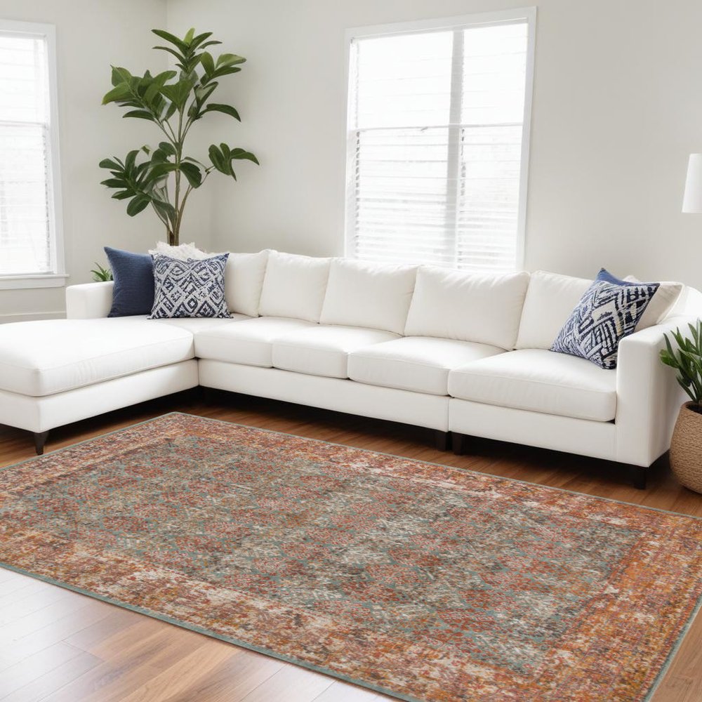 6' X 8' Teal And Orange Medallion Area Rug