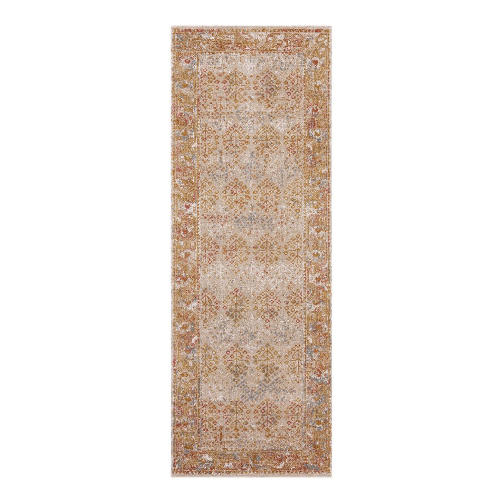 7' Beige Orange And Teal Southwestern Runner Rug