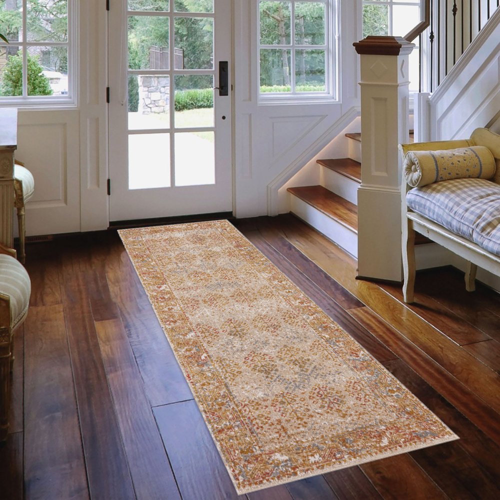 7' Beige Orange And Teal Southwestern Runner Rug