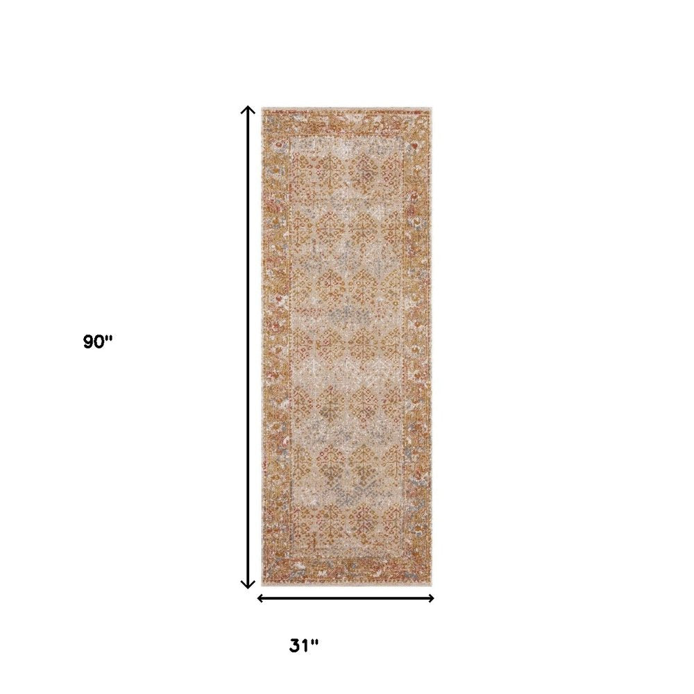 7' Beige Orange And Teal Southwestern Runner Rug