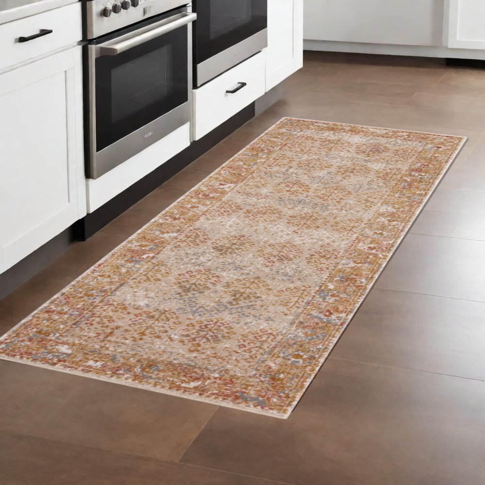 7' Beige Orange And Teal Southwestern Runner Rug