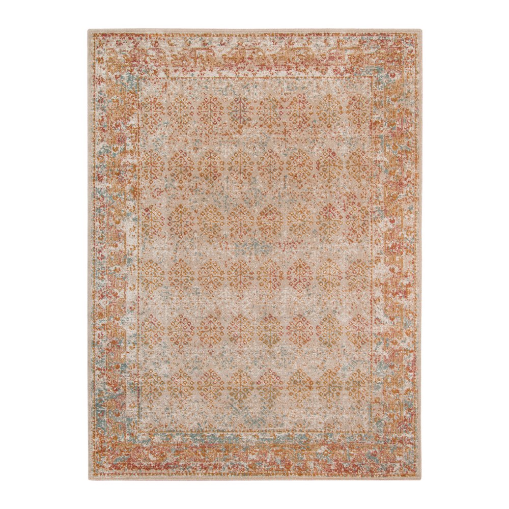 7' Beige Orange And Teal Southwestern Runner Rug