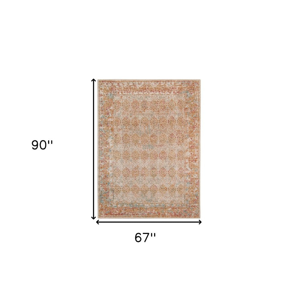 7' Beige Orange And Teal Southwestern Runner Rug